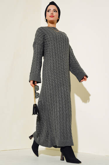 Saç Örgü Desenli Uzun Elbise Füme - Tesettür Elbise