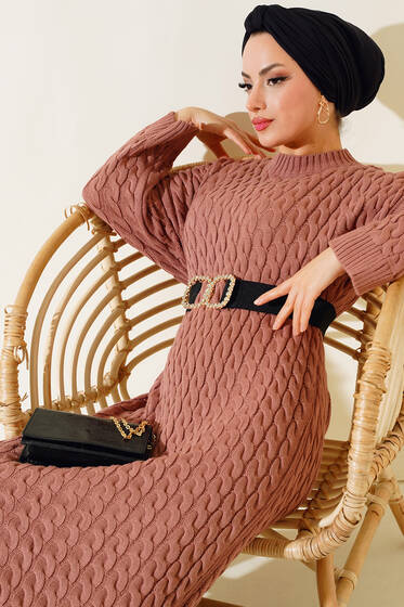 Saç Örgü Desenli Uzun Elbise Gül Kurusu - Tesettür Elbise