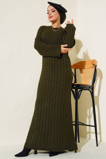Saç Örgü Desenli Uzun Elbise Haki - Tesettür Elbise