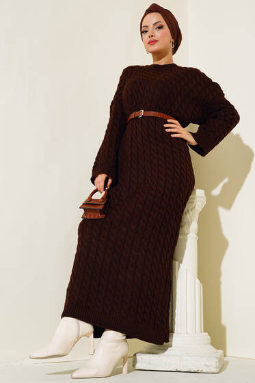 Saç Örgü Desenli Uzun Elbise Kahve - Tesettür Elbise
