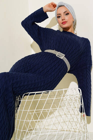 Saç Örgü Desenli Uzun Elbise Lacivert - Tesettür Elbise