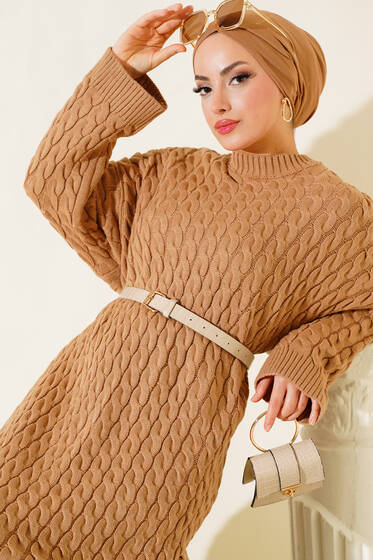 Saç Örgü Desenli Uzun Elbise Latte - Tesettür Elbise