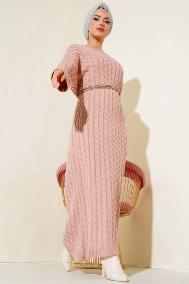 Saç Örgü Desenli Uzun Elbise Pers Gülü - Tesettür Elbise