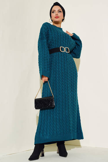 Saç Örgü Desenli Uzun Elbise Petrol - Tesettür Elbise