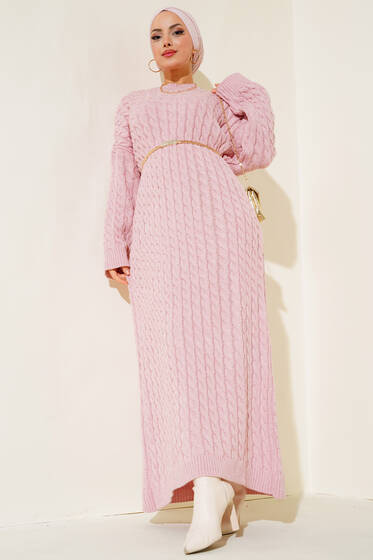 Saç Örgü Desenli Uzun Elbise Pudra - Tesettür Elbise