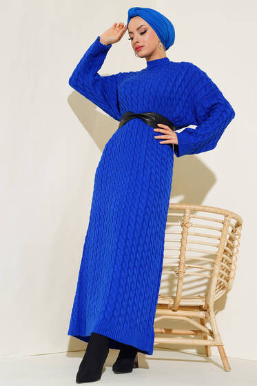 Saç Örgü Desenli Uzun Elbise Saks - Tesettür Elbise