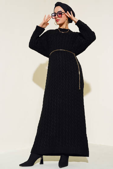 Saç Örgü Desenli Uzun Elbise Siyah - Tesettür Elbise