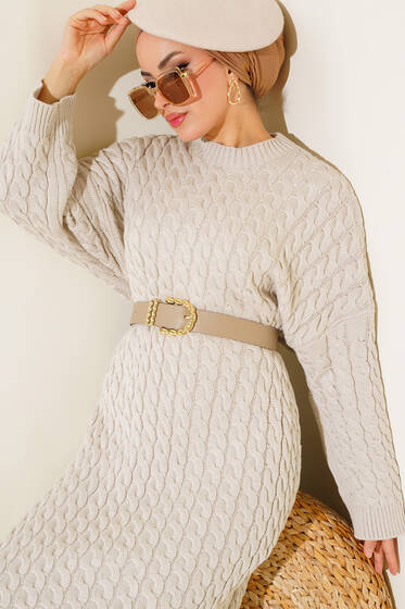 Saç Örgü Desenli Uzun Elbise Taş - Tesettür Elbise