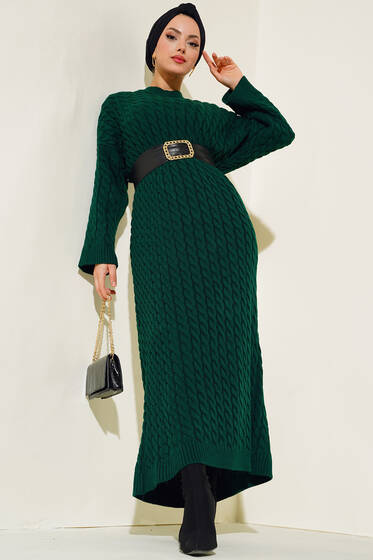 Saç Örgü Desenli Uzun Elbise Zümrüt Yeşili - Tesettür Elbise