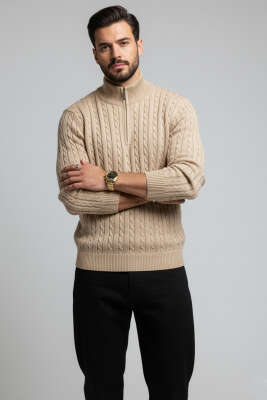 Saç Örgü Detaylı Fermuarlı Triko Kazak Bej - WİPEOUT