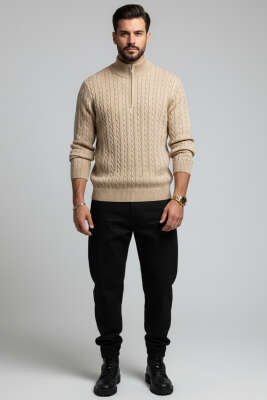 Saç Örgü Detaylı Fermuarlı Triko Kazak Bej - Erkek Kazak