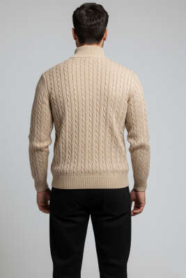 Saç Örgü Detaylı Fermuarlı Triko Kazak Bej - Erkek Kazak