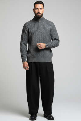 Saç Örgü Detaylı Fermuarlı Triko Kazak Füme - Erkek Kazak