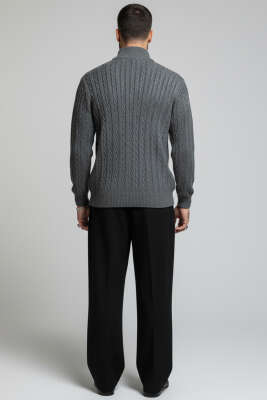 Saç Örgü Detaylı Fermuarlı Triko Kazak Füme - Erkek Kazak