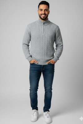 Saç Örgü Detaylı Fermuarlı Triko Kazak Gri - Erkek Kazak