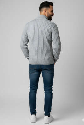 Saç Örgü Detaylı Fermuarlı Triko Kazak Gri - Erkek Kazak