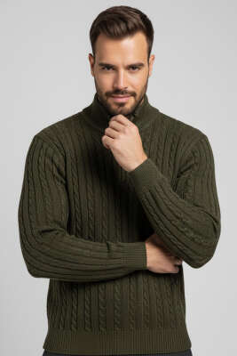 Saç Örgü Detaylı Fermuarlı Triko Kazak Haki - WİPEOUT