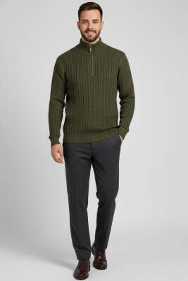 Saç Örgü Detaylı Fermuarlı Triko Kazak Haki - Erkek Kazak