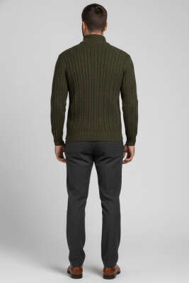 Saç Örgü Detaylı Fermuarlı Triko Kazak Haki - Erkek Kazak