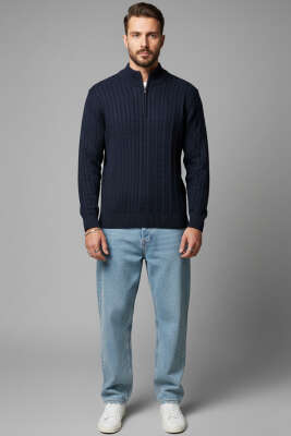 Saç Örgü Detaylı Fermuarlı Triko Kazak Lacivert - Erkek Kazak