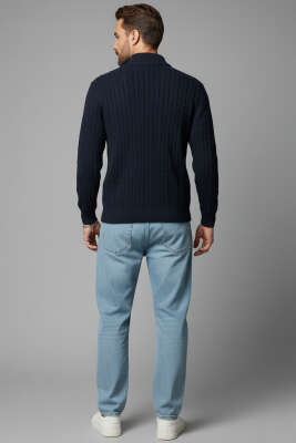 Saç Örgü Detaylı Fermuarlı Triko Kazak Lacivert - Erkek Kazak