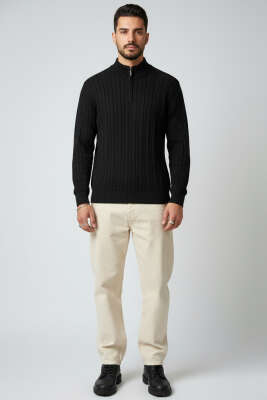 Saç Örgü Detaylı Fermuarlı Triko Kazak Siyah - Erkek Kazak