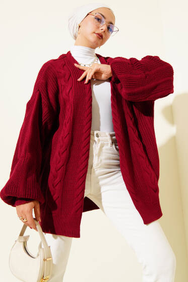 Saç Örgü Detaylı Hırka Bordo - Hırka