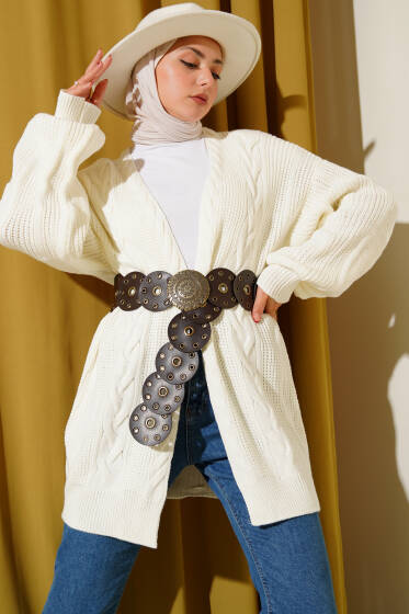 Saç Örgü Detaylı Hırka Ekru - Hırka