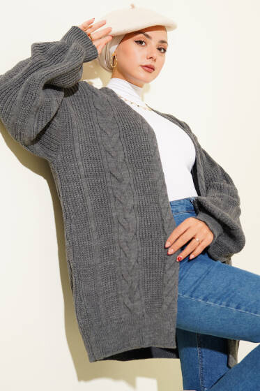 Saç Örgü Detaylı Hırka Füme - Hırka