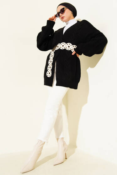 Saç Örgü Detaylı Hırka Siyah - Hırka