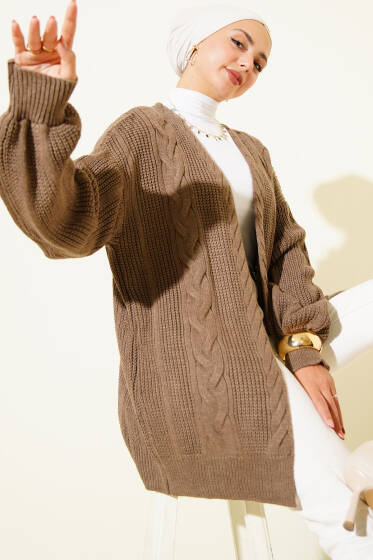 Saç Örgü Detaylı Hırka Vizon - Hırka