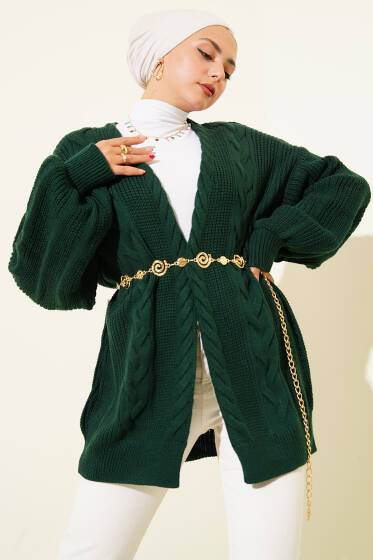 Saç Örgü Detaylı Hırka Zümrüt - Hırka