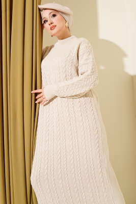 Saç Örgü Kabartmalı Triko Elbise Bej - Elbise