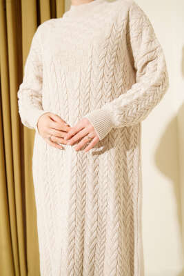 Saç Örgü Kabartmalı Triko Elbise Bej - Elbise