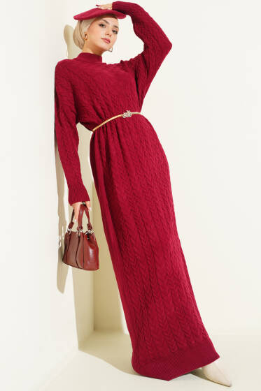 Saç Örgü Kabartmalı Triko Elbise Bordo - Elbise