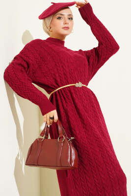 Saç Örgü Kabartmalı Triko Elbise Bordo - Elbise