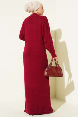 Saç Örgü Kabartmalı Triko Elbise Bordo - Elbise