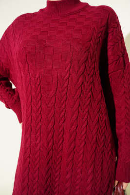 Saç Örgü Kabartmalı Triko Elbise Bordo - Elbise