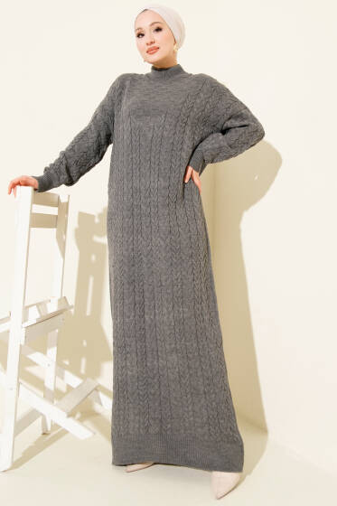 Saç Örgü Kabartmalı Triko Elbise Füme - 500-700 TL Ürünler