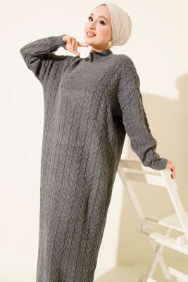 Saç Örgü Kabartmalı Triko Elbise Füme - Elbise