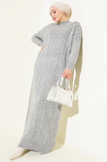 Saç Örgü Kabartmalı Triko Elbise Gri - Elbise
