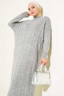Saç Örgü Kabartmalı Triko Elbise Gri - Elbise