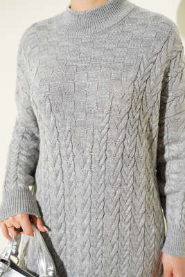 Saç Örgü Kabartmalı Triko Elbise Gri - Elbise