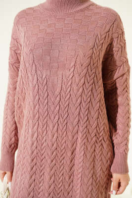 Saç Örgü Kabartmalı Triko Elbise Gül Kurusu - Elbise