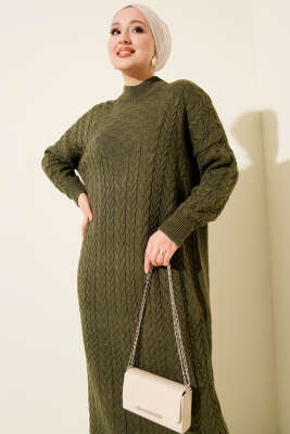 Saç Örgü Kabartmalı Triko Elbise Haki - Elbise
