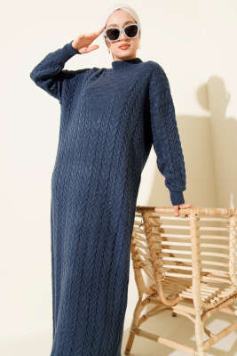 Saç Örgü Kabartmalı Triko Elbise İndigo - Elbise