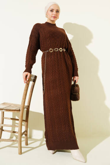 Saç Örgü Kabartmalı Triko Elbise Kahve - Elbise