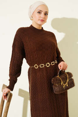 Saç Örgü Kabartmalı Triko Elbise Kahve - Elbise