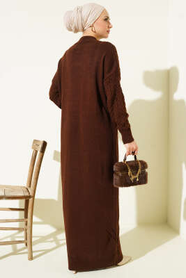 Saç Örgü Kabartmalı Triko Elbise Kahve - Elbise