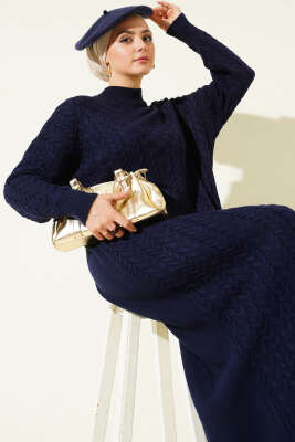 Saç Örgü Kabartmalı Triko Elbise Lacivert - RAFİMİX